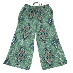 Boho Pants Small Floral Hippie Elastic Waist Pockets Green